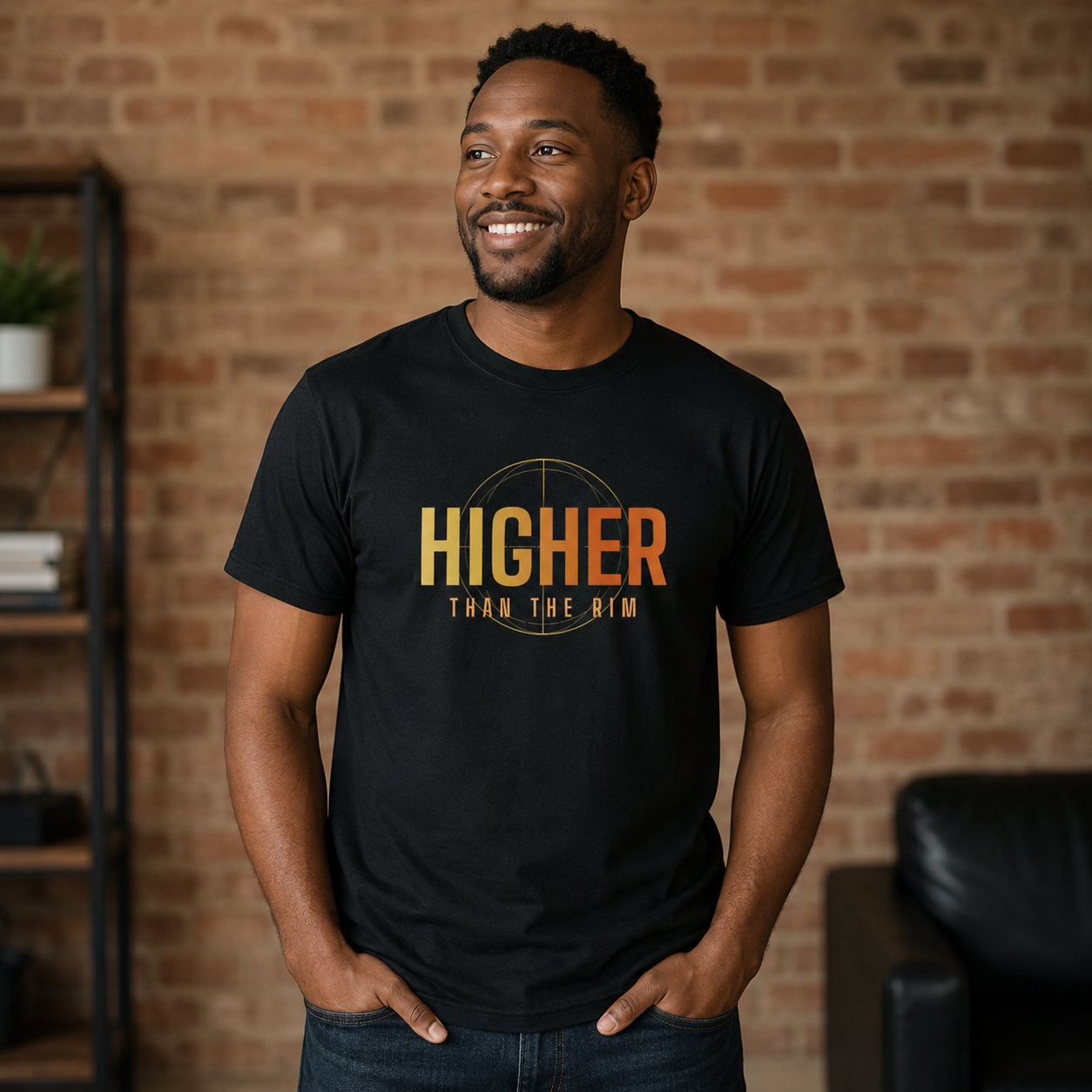 Man wearing a black t-shirt with 'HIGHER THAN THE RHYM' text, standing against a brick wall.